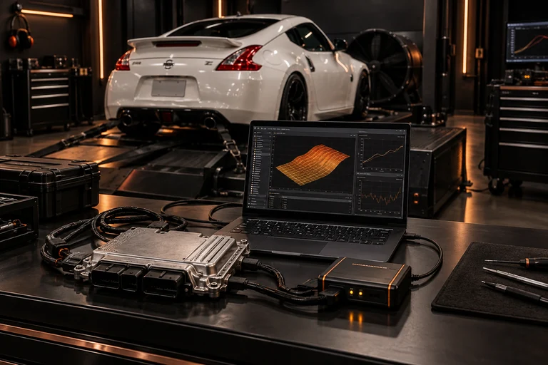 Laptop und Steuergerät beim professionellen Tuner File-Service
