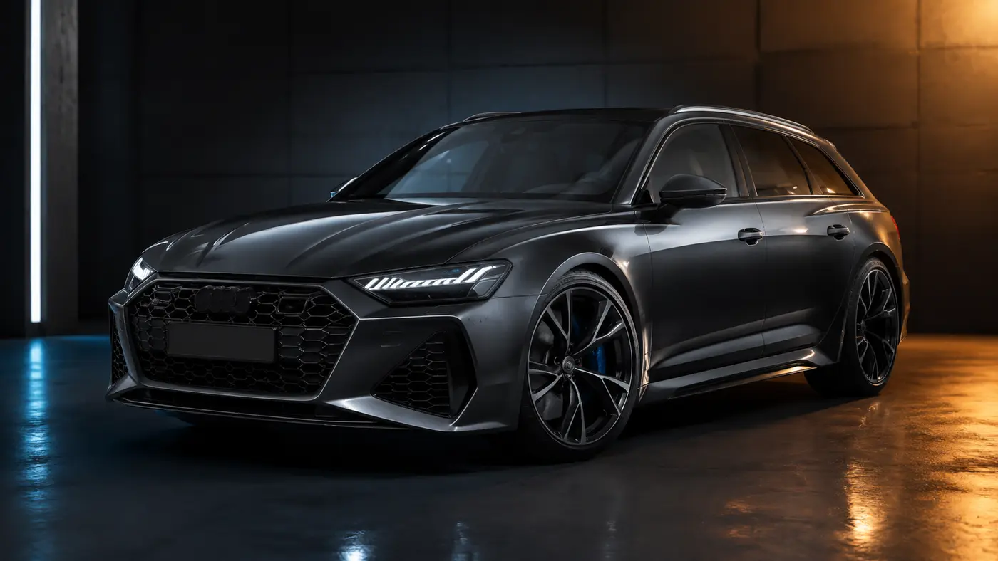 Dunkler Audi RS6 mit schwarzen Felgen im Studio