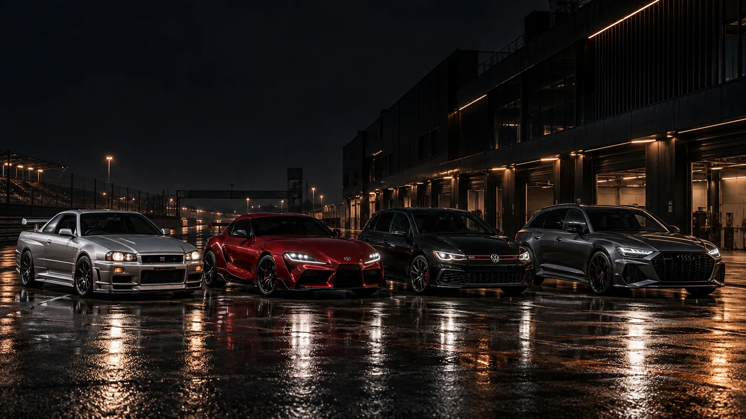 Nissan, Toyota, VW und Audi im beleuchteten Fahrerlager