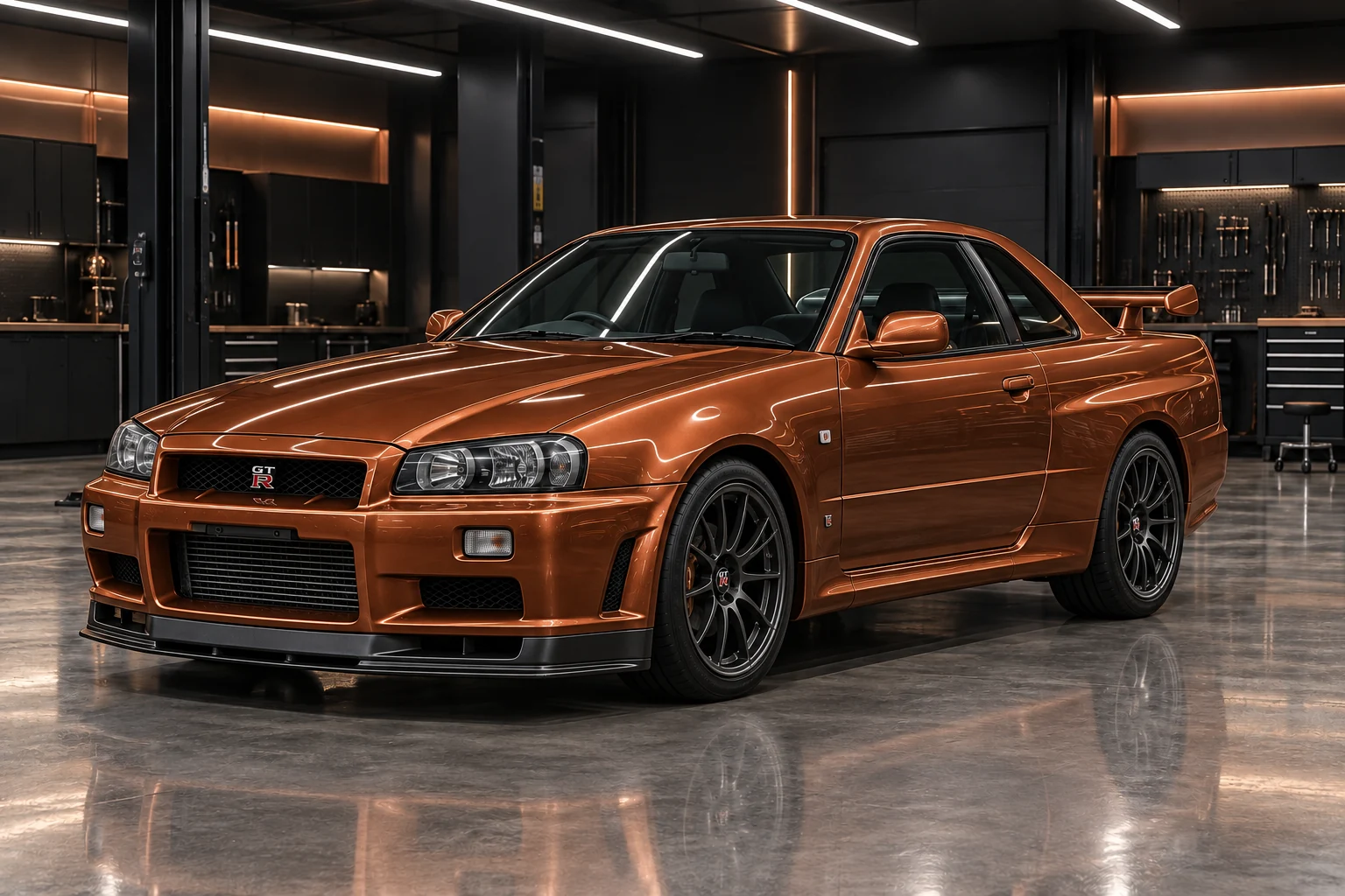 Nissan Skyline GT-R in Kupfermetallic mit schwarzen Felgen